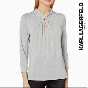 NWT - KARL LAGERFELD PARIS : Silver Keyhole Knit Long Sleeve Blouse Sz: S